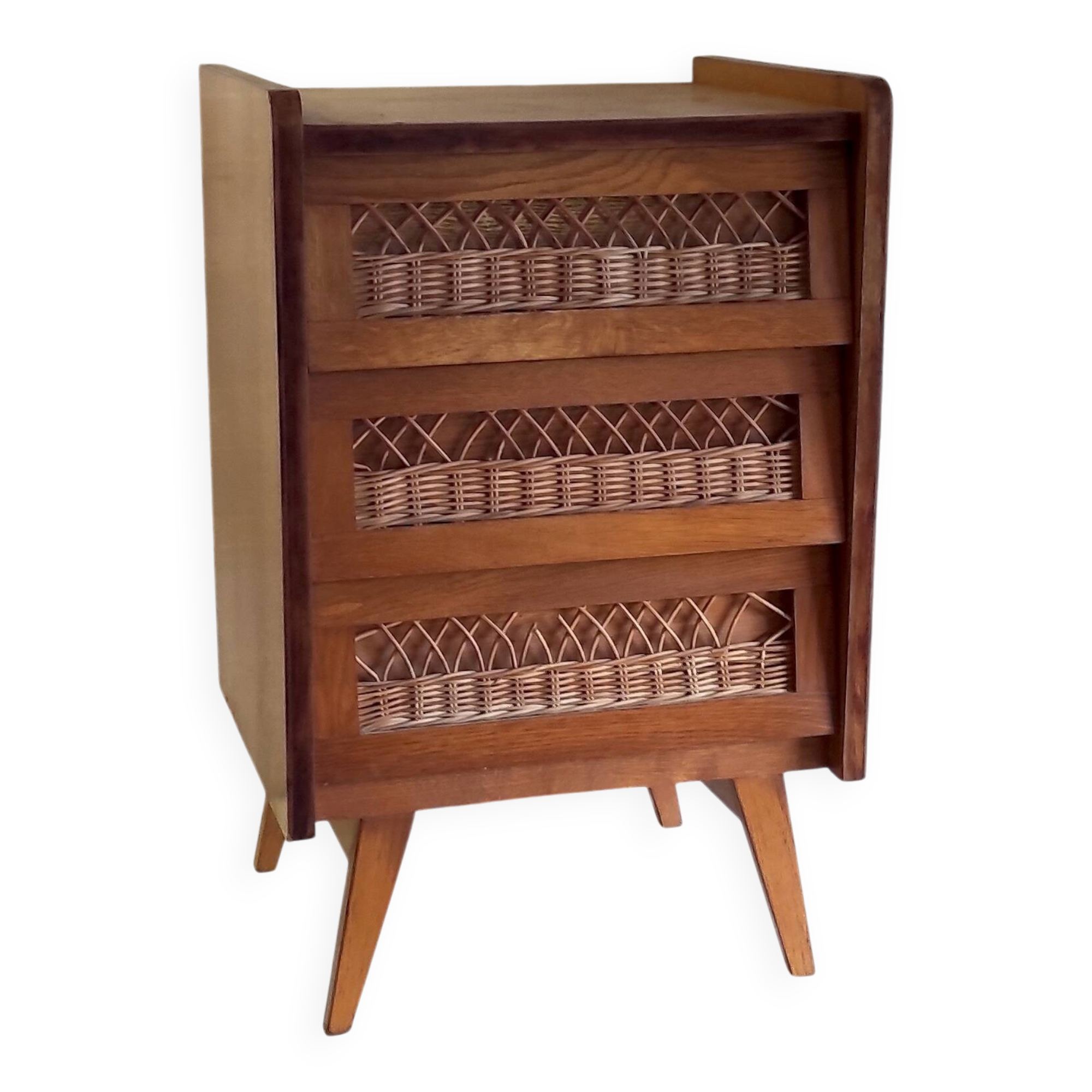 Vintage solid wood chest of drawers with rattan decor - 60s/70s