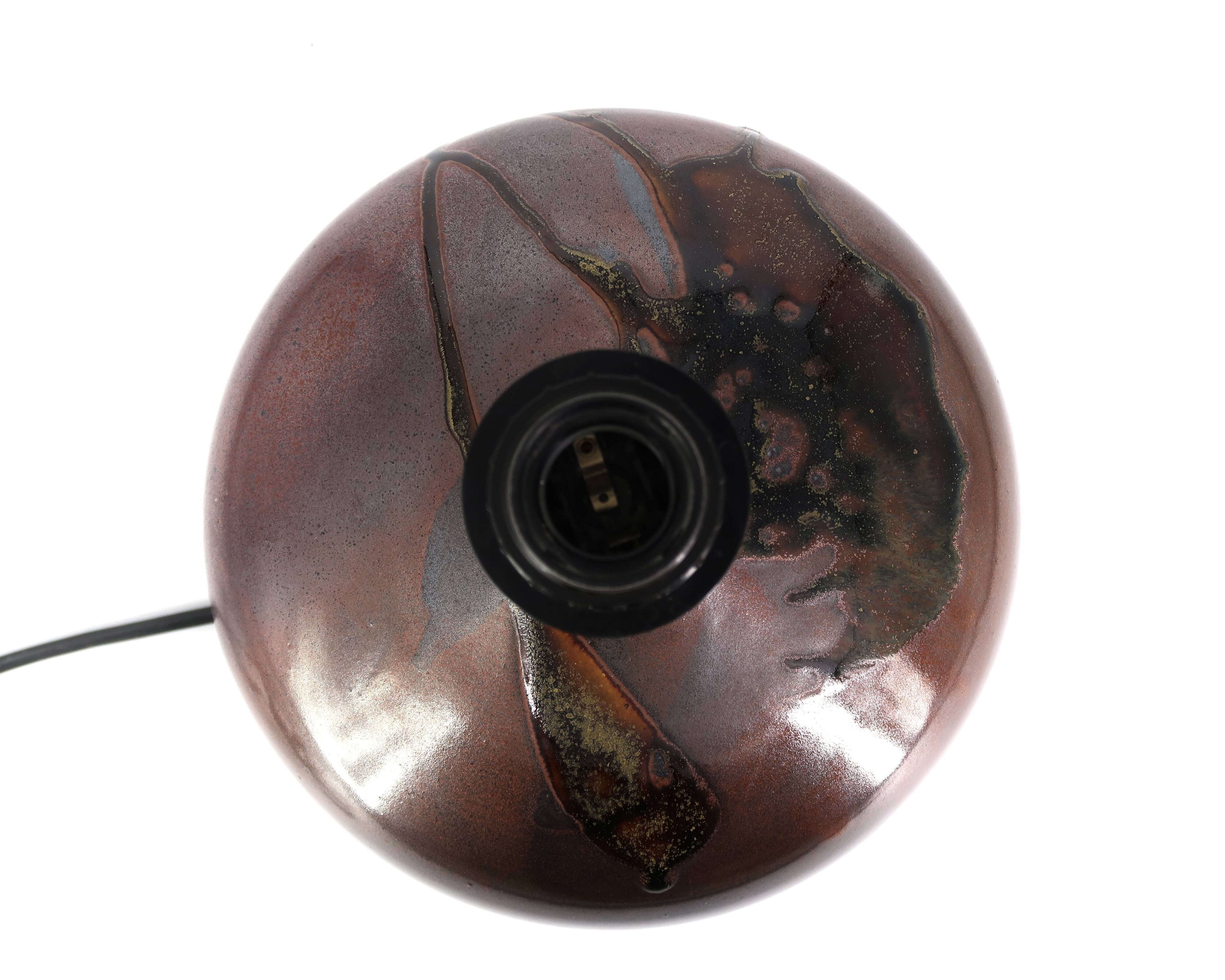 Ceramic and brass lamp by Jean Cacheleux, abstract decor, 1970s