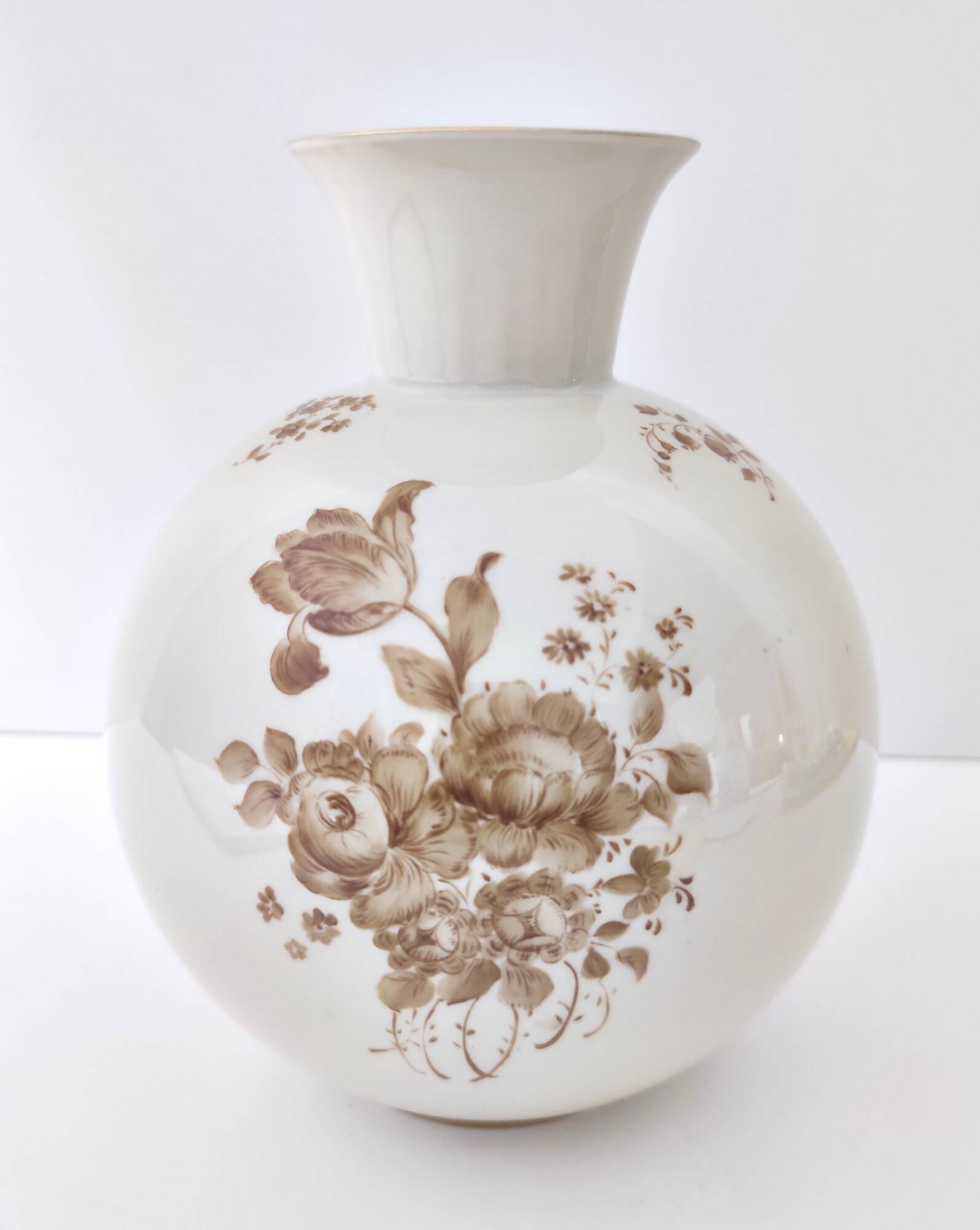 Ivory Ceramic Vase with Brown Floral Details by Rosenthal, Italy
