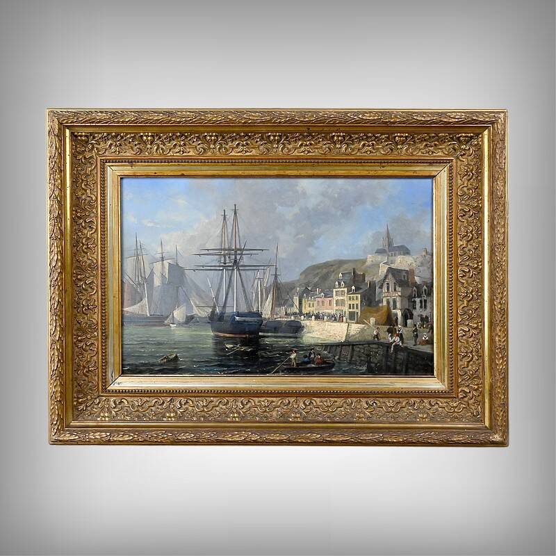 Tableau "Quay in Light", oil on panel, signed Jules d'Évry – Mid 19th century
