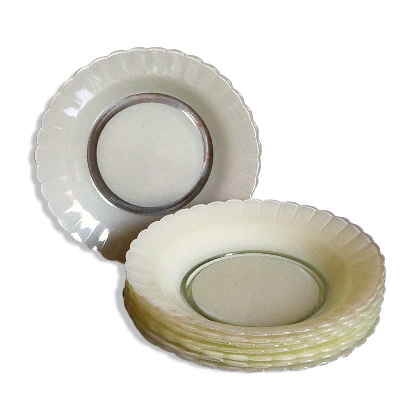 Eight hollow plates Duralex painted glass 60s