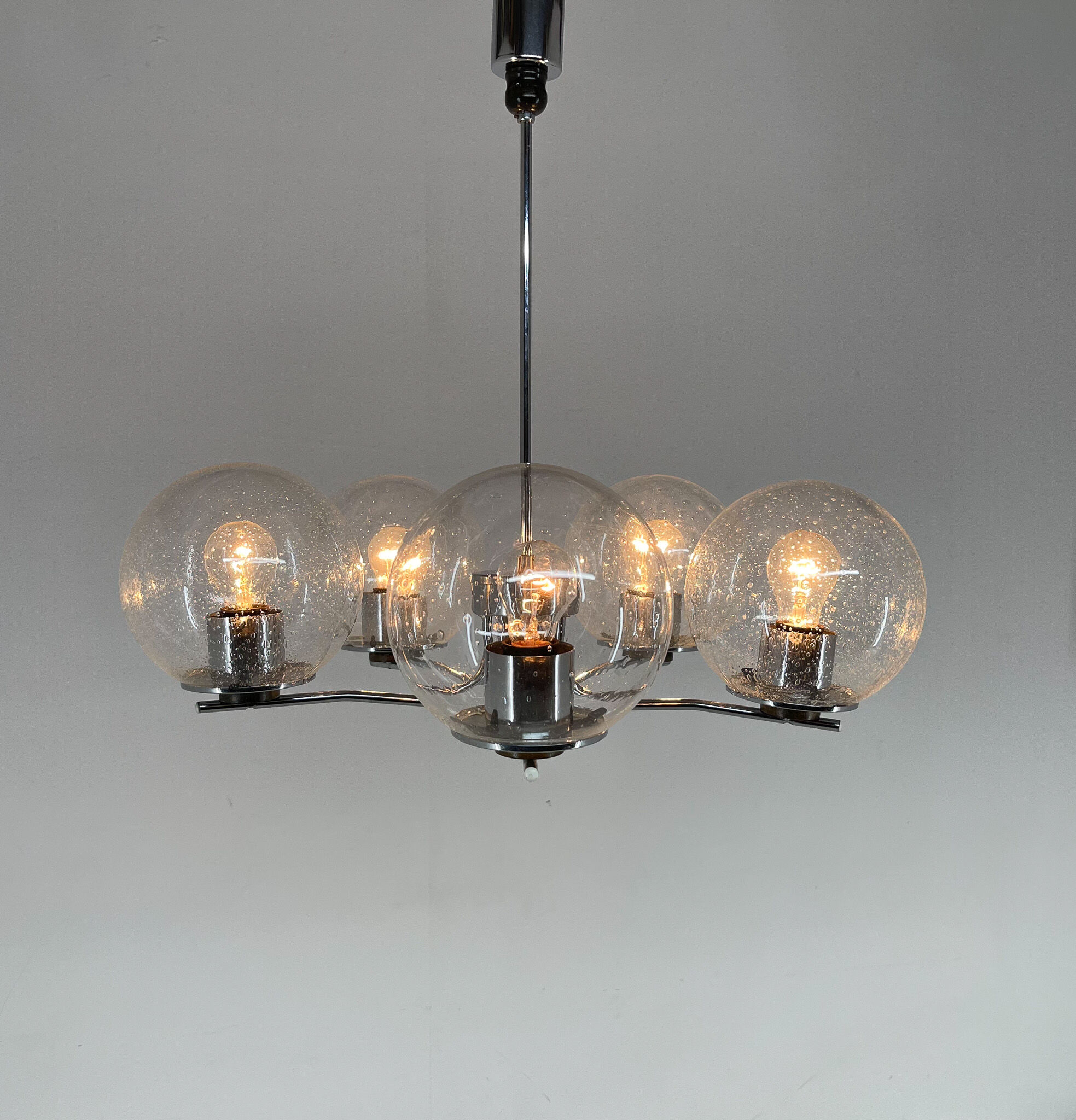 1970's Chrome & Clear Bubble Glass Five-Arm Chandelier