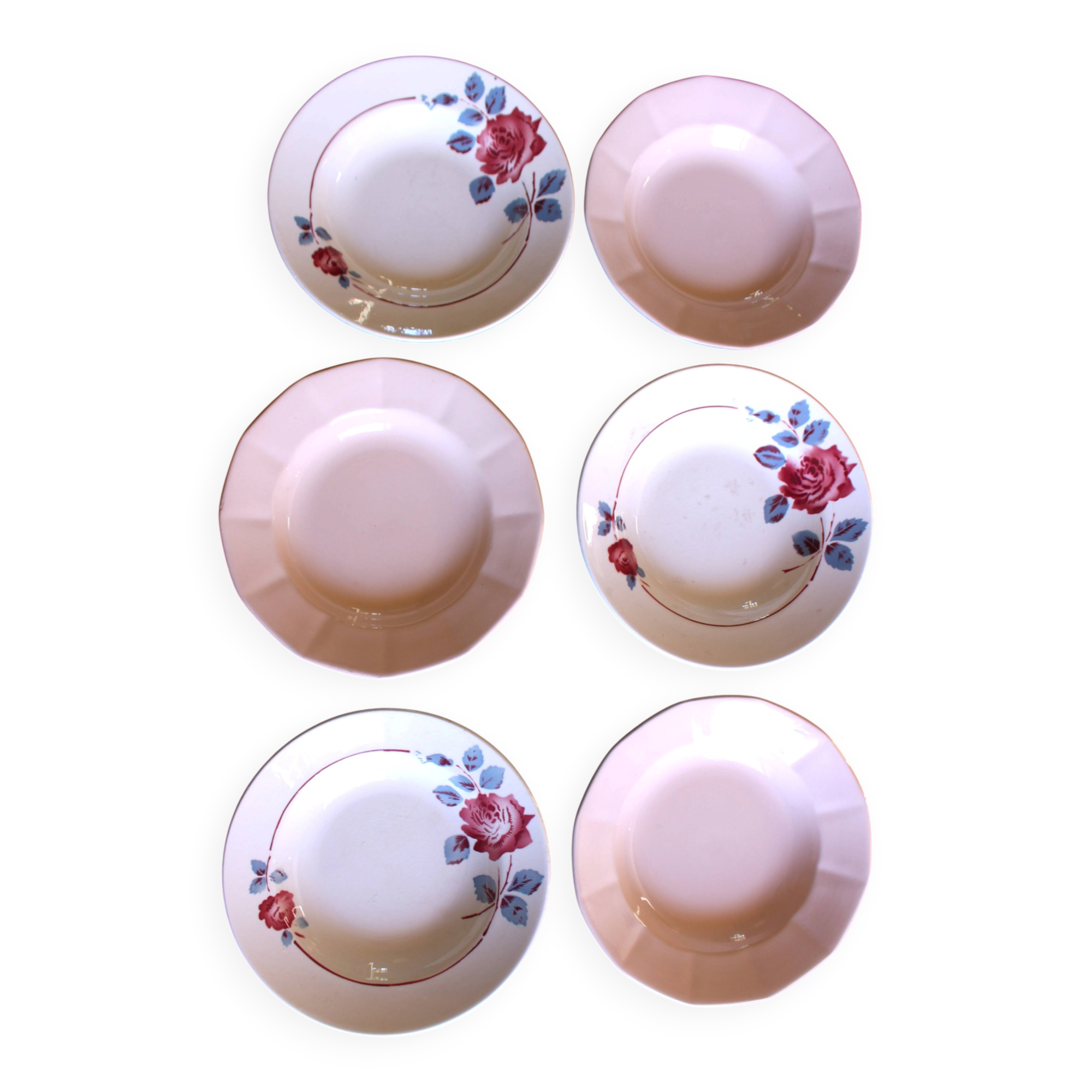 6 mismatched pink deep plates Digoin Badonviller Art Deco