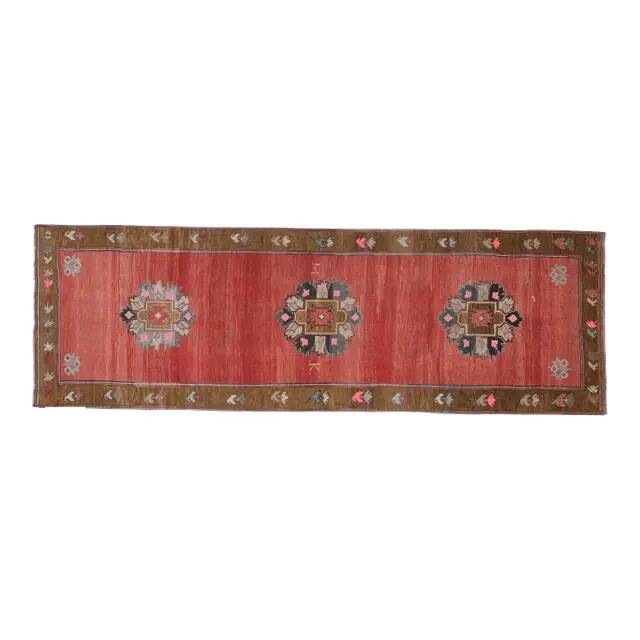 Handmade Turkish Vintage Oushak Runner Rug Pink Green Runner 105x327