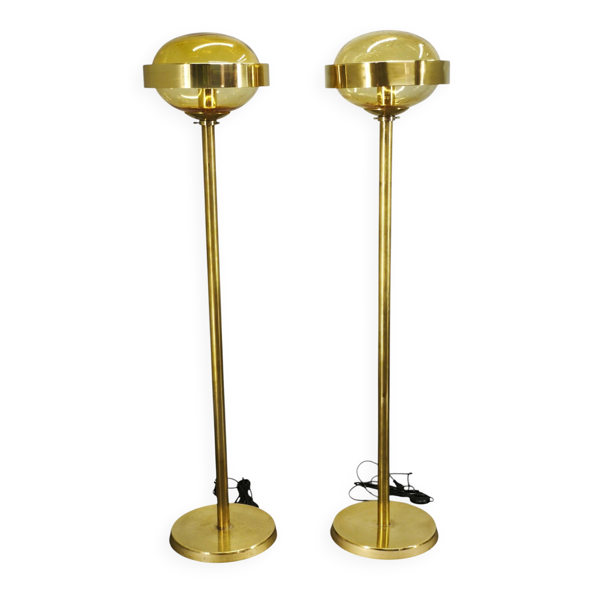 Pair of Brass and Amber Glass Floor Lamps from Kamenický Šenov, 1970s