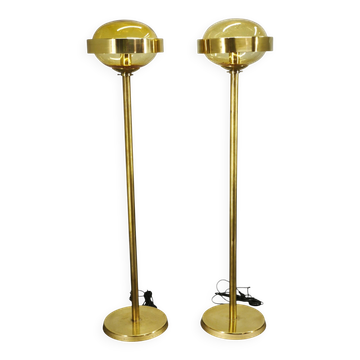 Paire de lampes de sol en laiton et verre ambre de Kamenický Šenov, années 1970