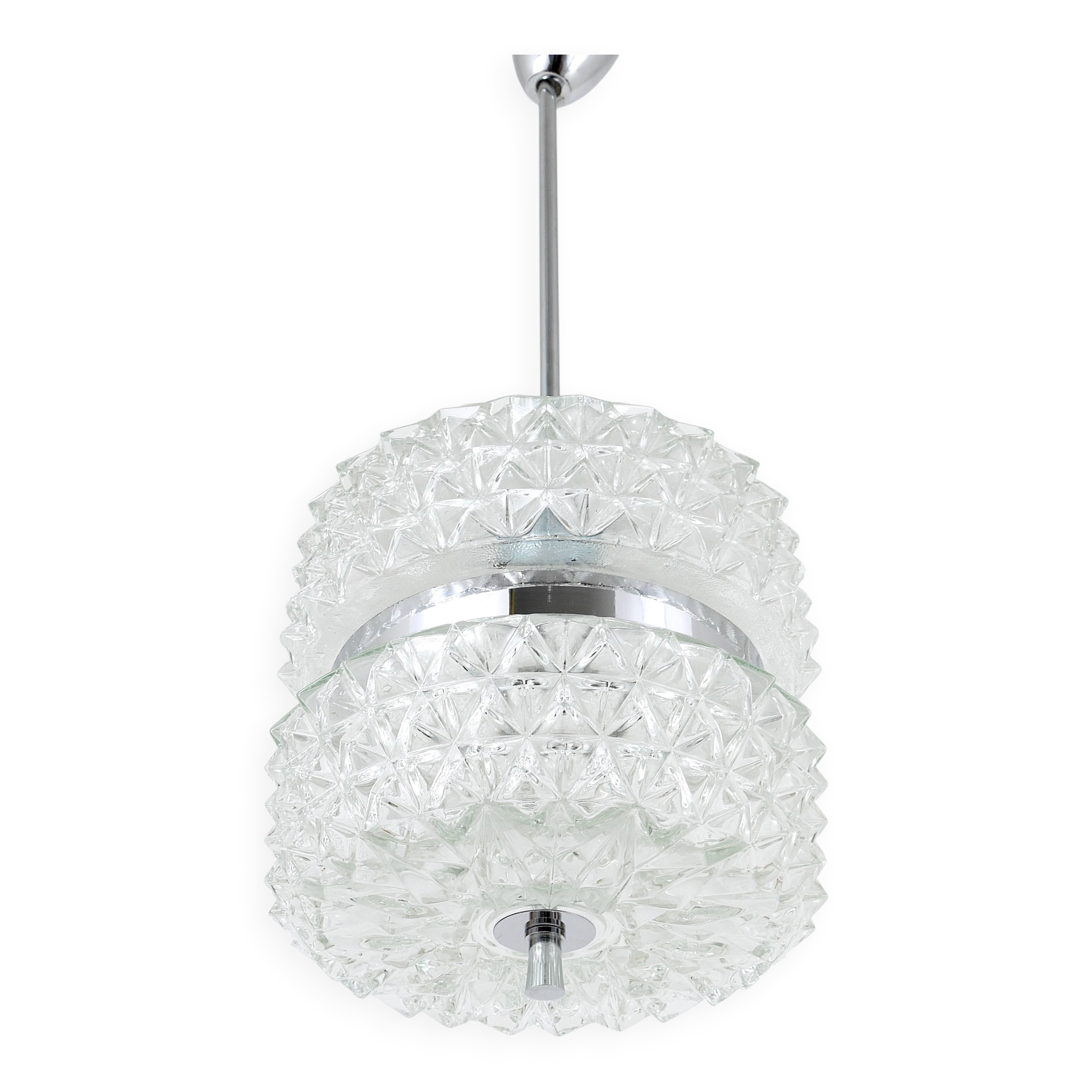 Faceted glass suspension light in chrome style by Karl Fagerlund from the 1960s.