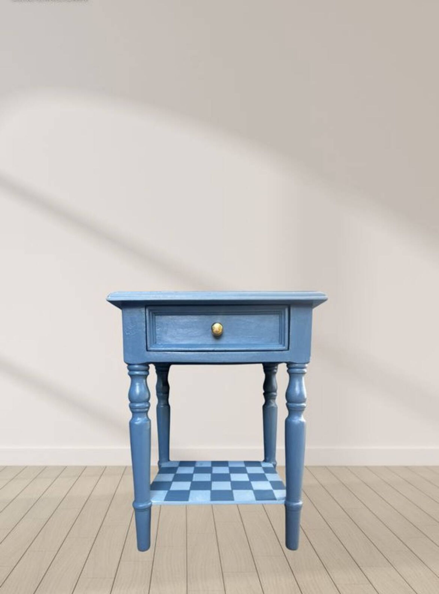 Blue checkered bedside table, neo-vintage style, turned legs.