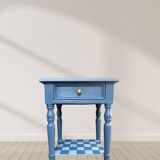 Blue checkered bedside table, neo-vintage style, turned legs.