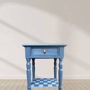 Blue checkered bedside table, neo-vintage style, turned legs.