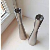 Pair of vintage brushed metal candlesticks