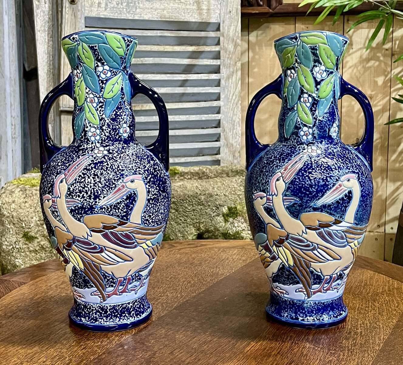 Pair of art deco enameled earthenware vases signed Amphora - Made in Czechoslovakia