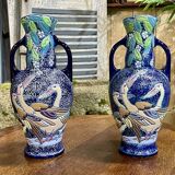 Pair of art deco enameled earthenware vases signed Amphora - Made in Czechoslovakia