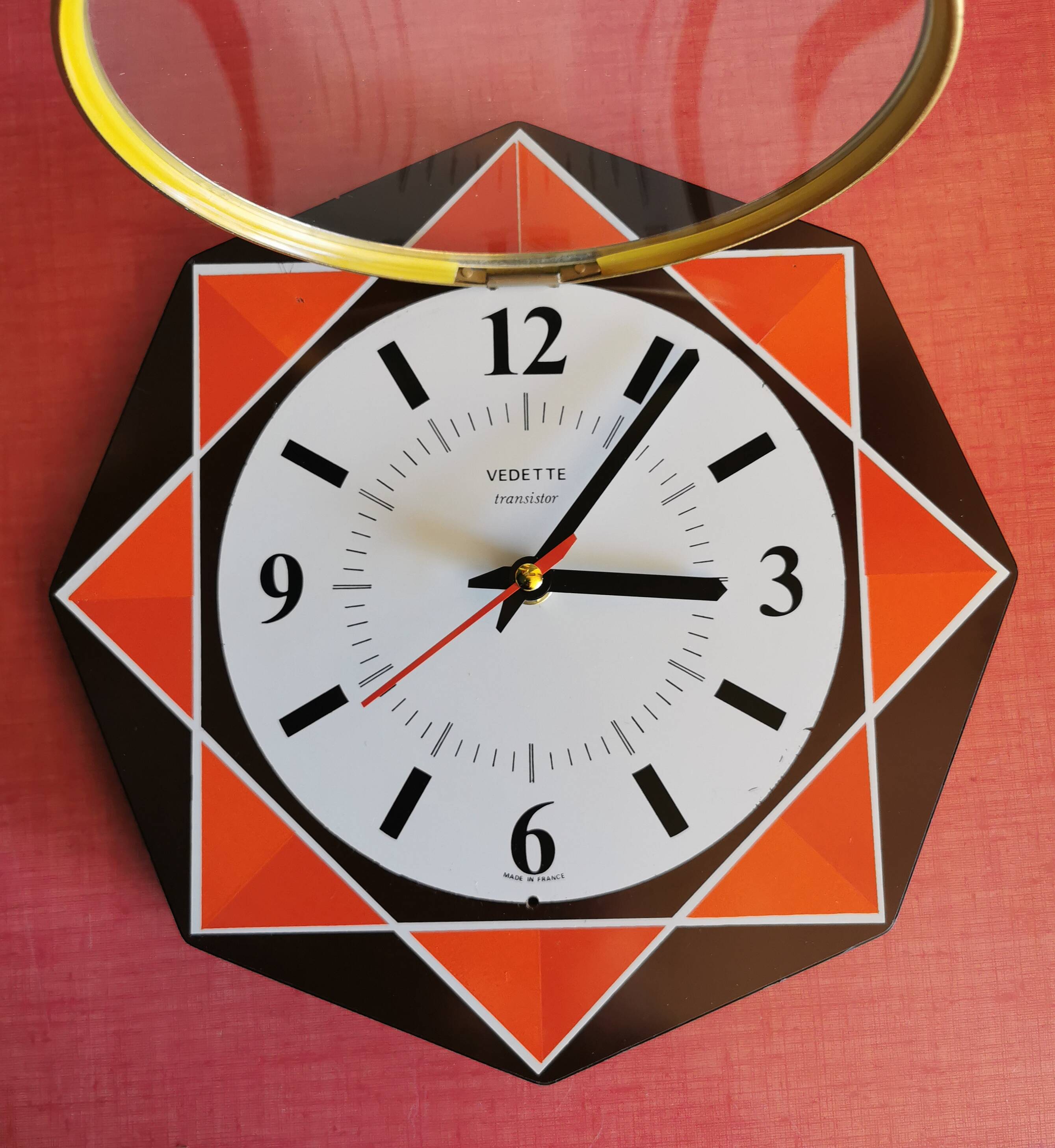 Vintage formica clock silent octagonal wall pendulum "Star chocolate orange"