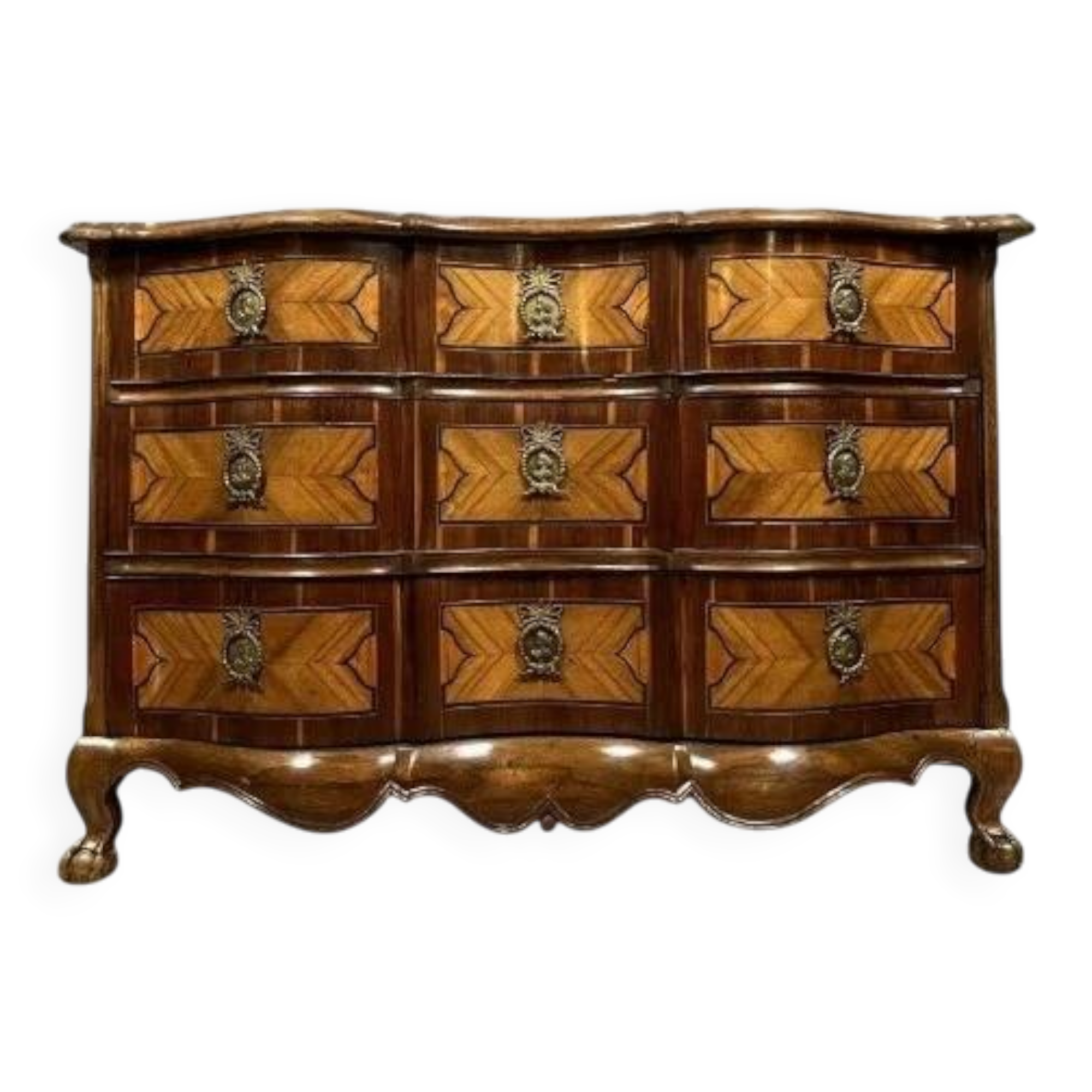 Louis XV period Arbalète chest of drawers in 18th century noble wood marquetry
