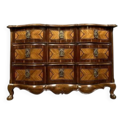 Commode Arbalète époque Louis XV en marqueterie de bois nobles époque XVIII