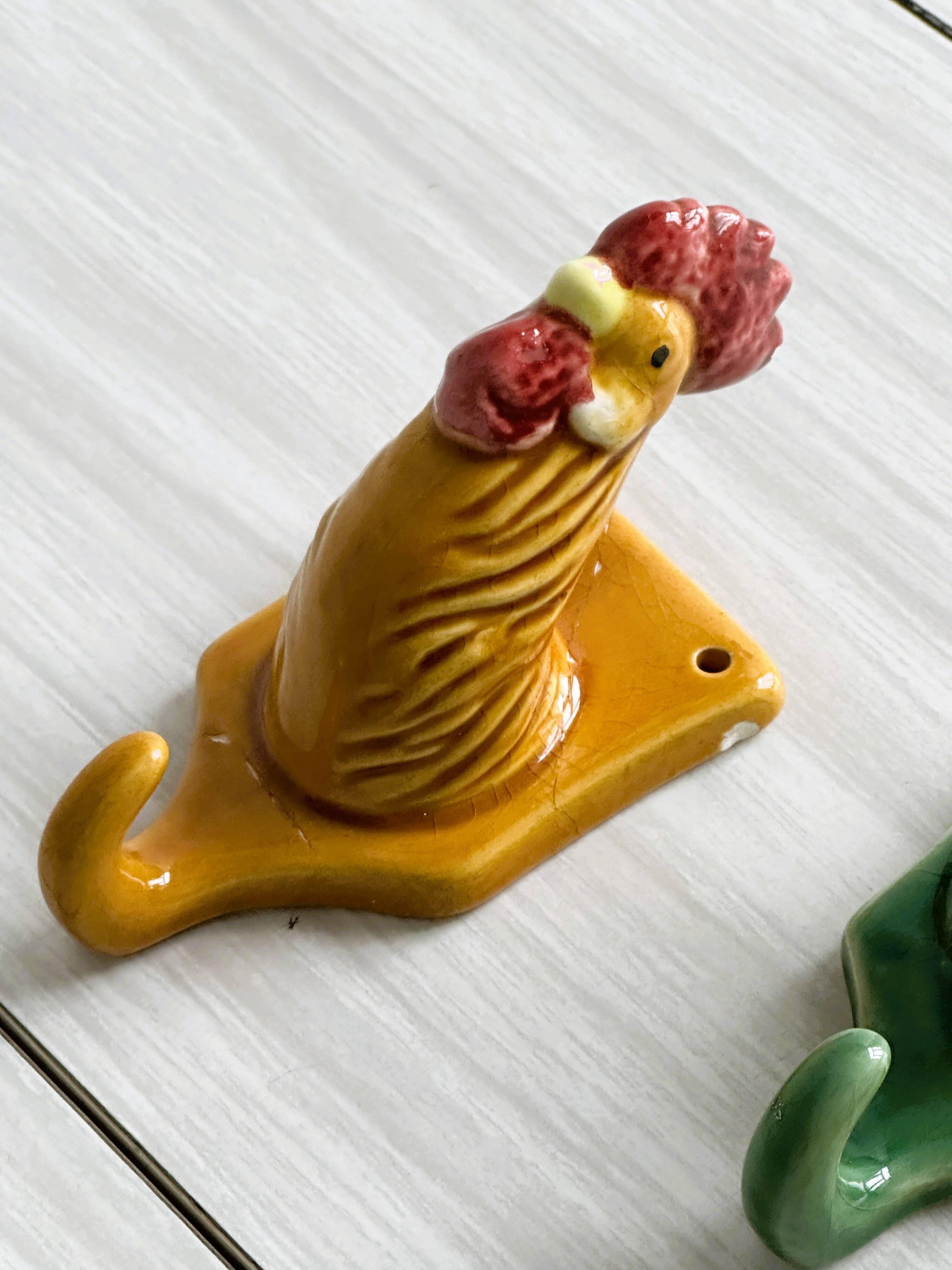 Ceramic slip kitchen towel hooks: Rooster, Hen, Duck.
