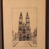 Pen drawing ink cathedral of Tours dated signed Talbot