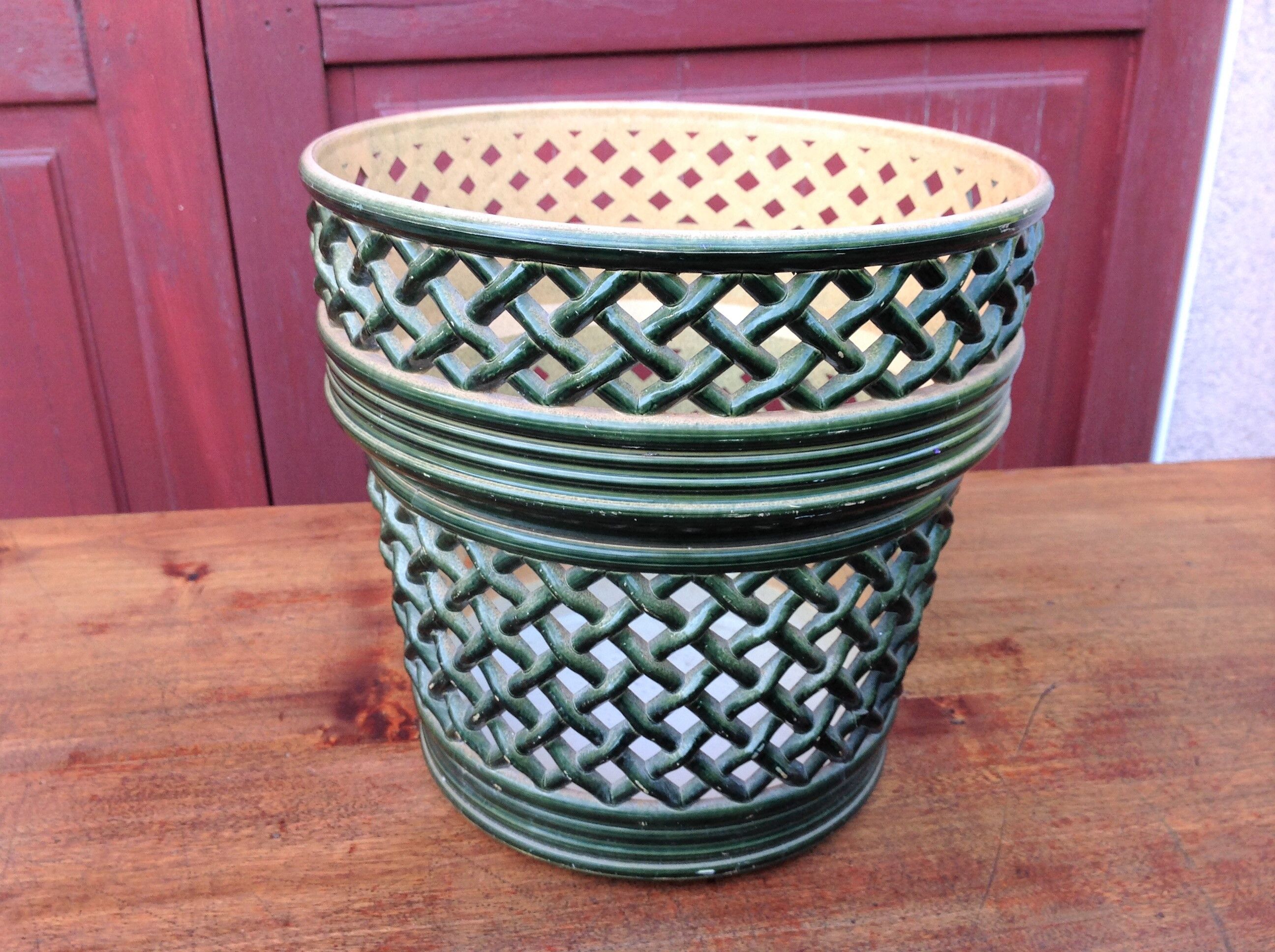 Cache pot green bottle imitation wicker braided / vintage 60s-70s