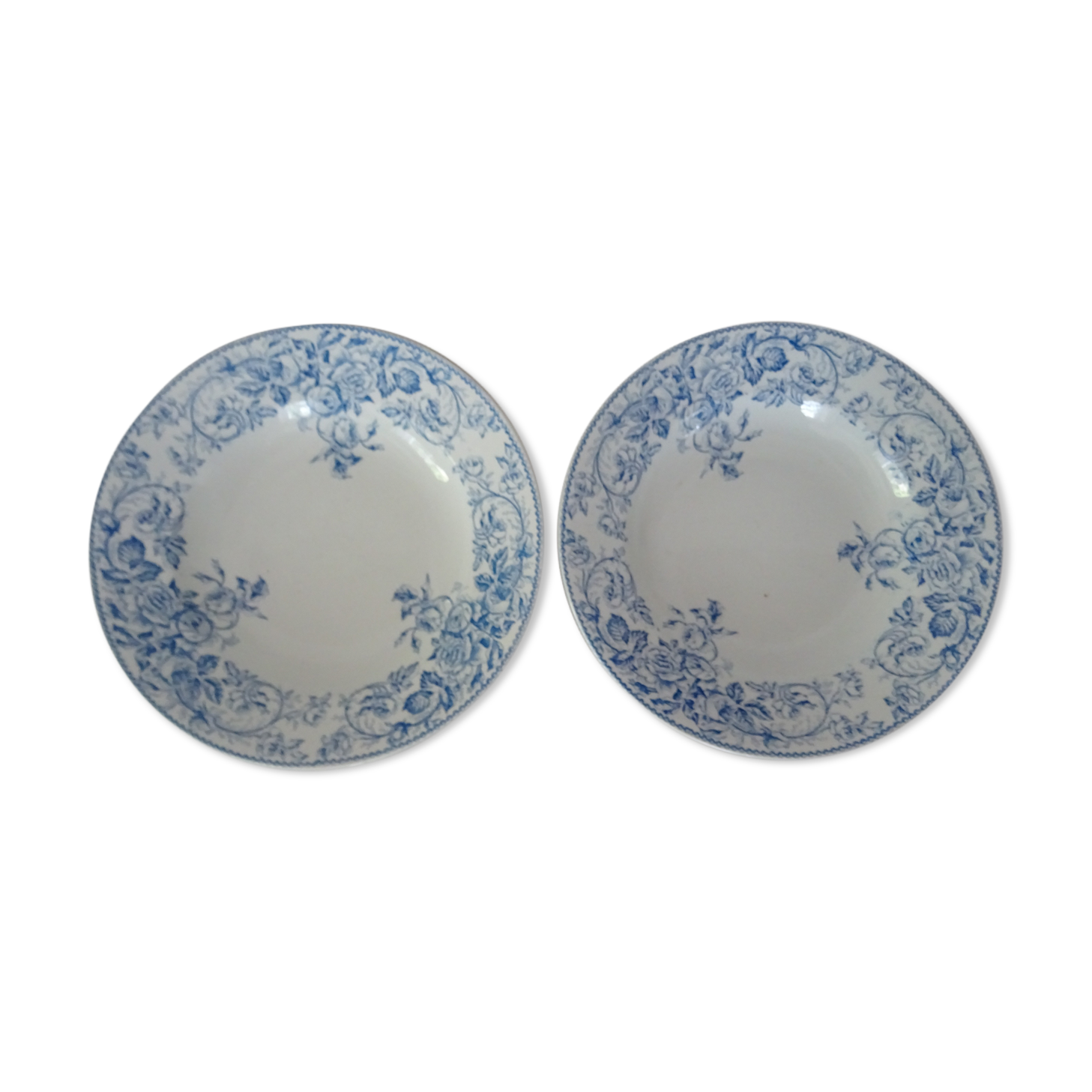 2 Hollow plates Luneville Keller and Guerin decoration blue flowers faience old