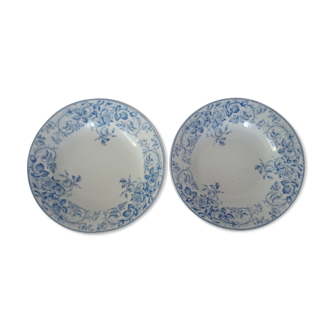 2 Hollow plates Luneville Keller and Guerin decoration blue flowers faience old