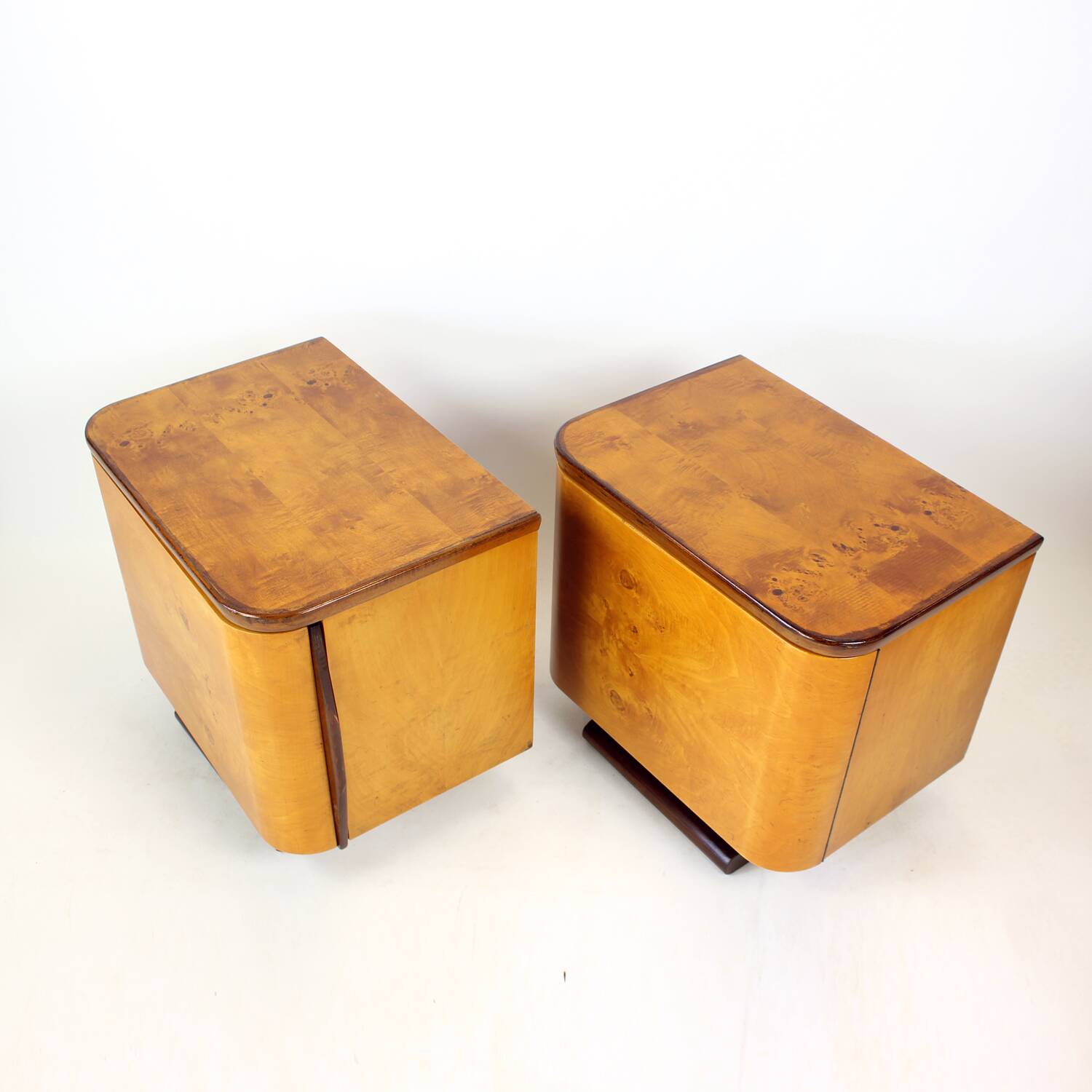 Pair Of Art Deco Bedside Tables, Walnut Veneer, Czechoslovakia, 1940s