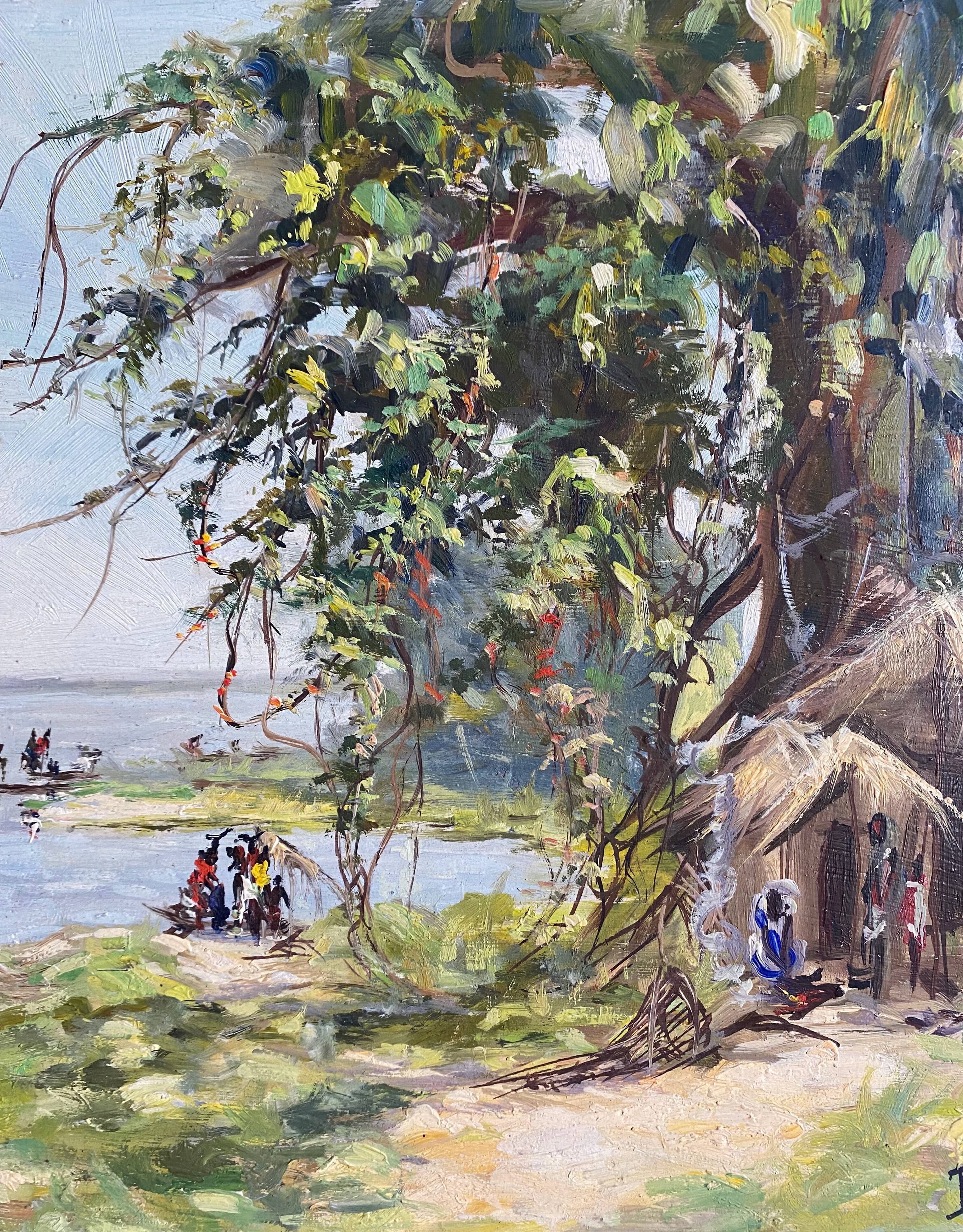 Table HSP 1957 "Fishing village" Congo signed Orientalist Africa