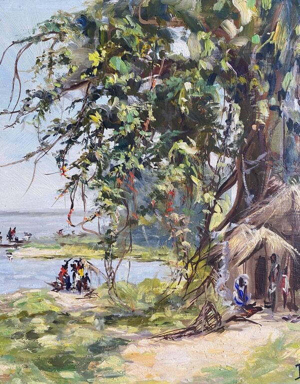 Tableau HSP 1957 ''Village de pêcheurs'' Congo signé Orientaliste Afrique