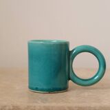 Pair of handmade turquoise ceramic coffee cups with large handles