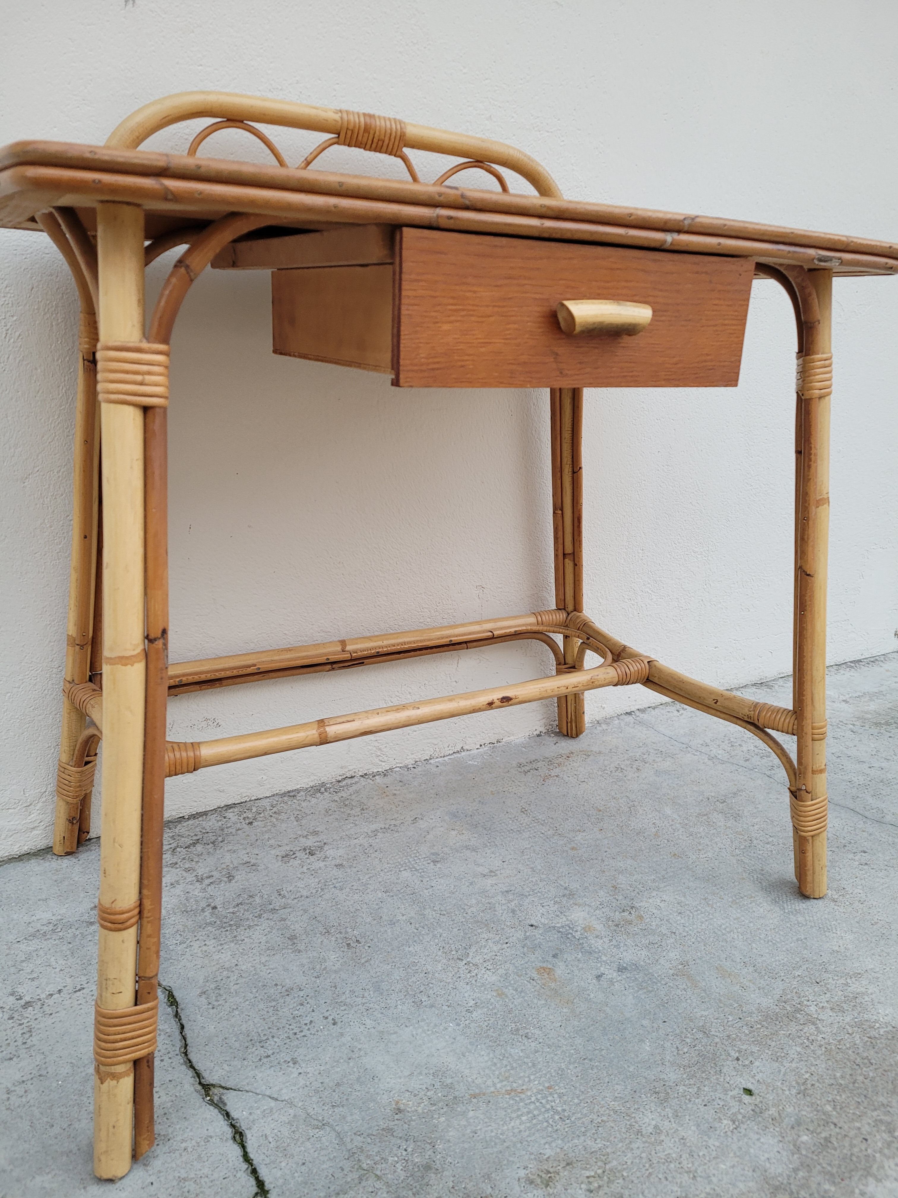 1950 vintage rattan dressing table with sun mirror