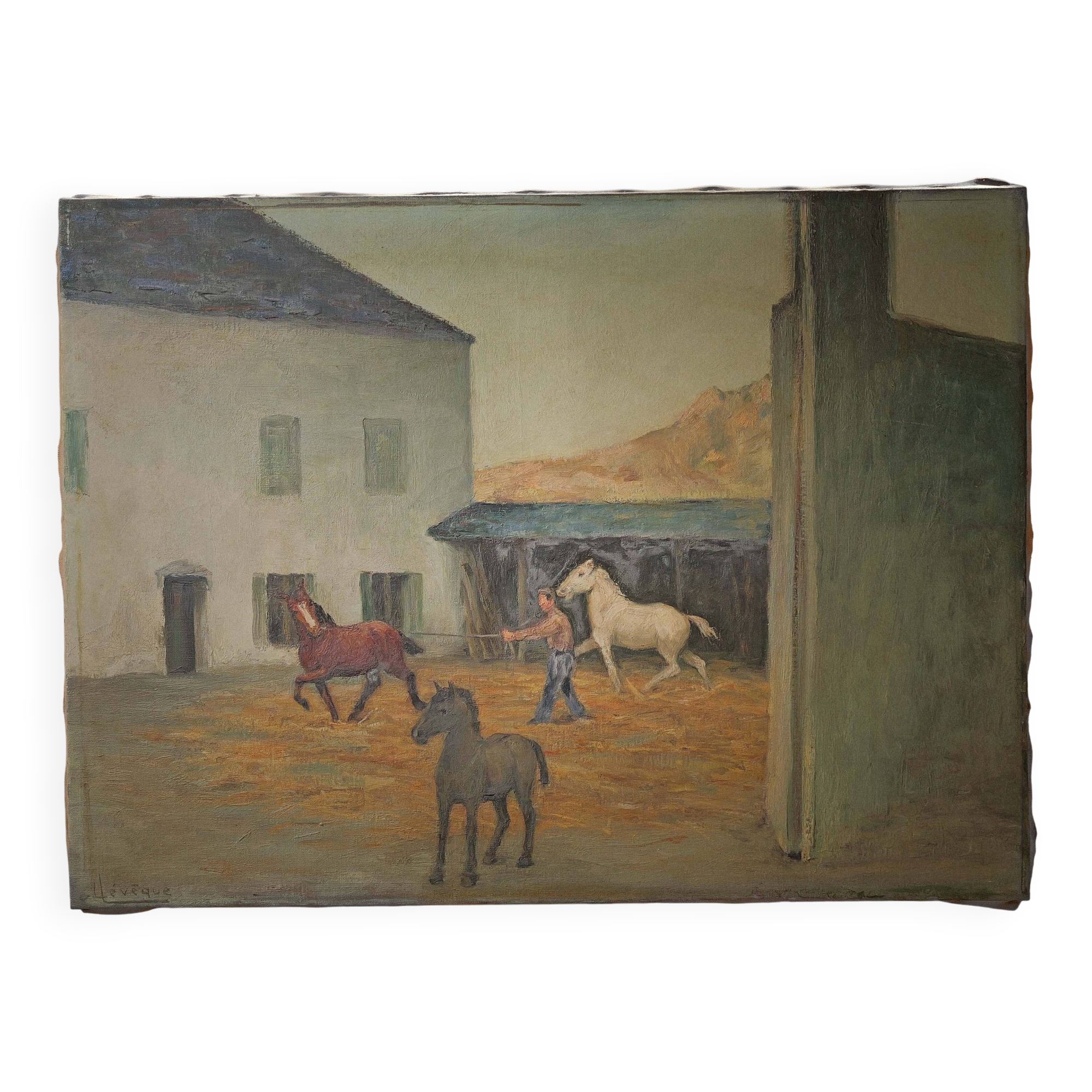Oil on canvas, horse training, signed, circa 1950