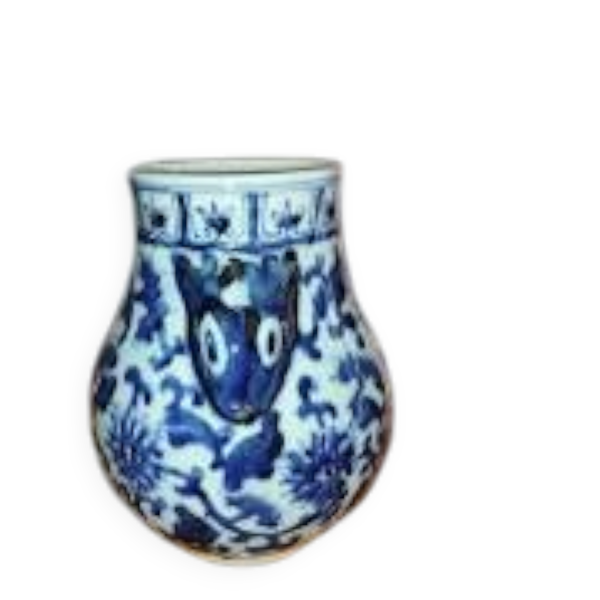 Rare vase hu en porcelaine bleu et blanc – anses sculptées en têtes de lapi