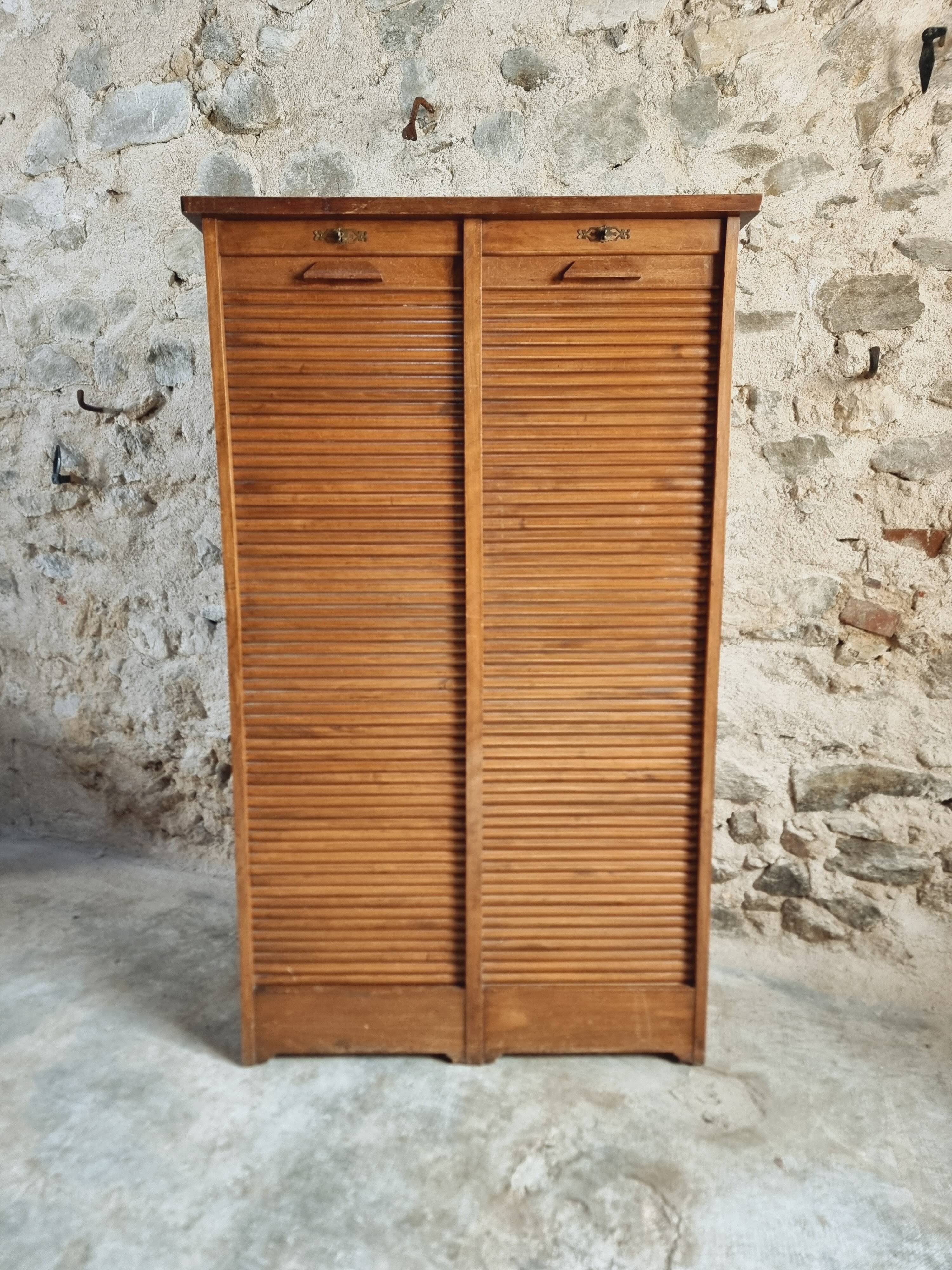 Antique filing cabinet with curtains – 1920s/30s – Beech