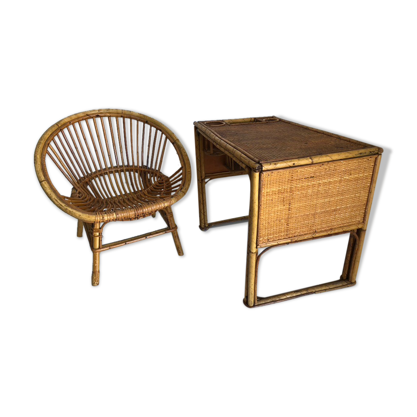 Bureau enfant en rotin avec son fauteuil