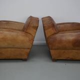 Pair of French club chairs with moustache back in cognac leather, 1940s