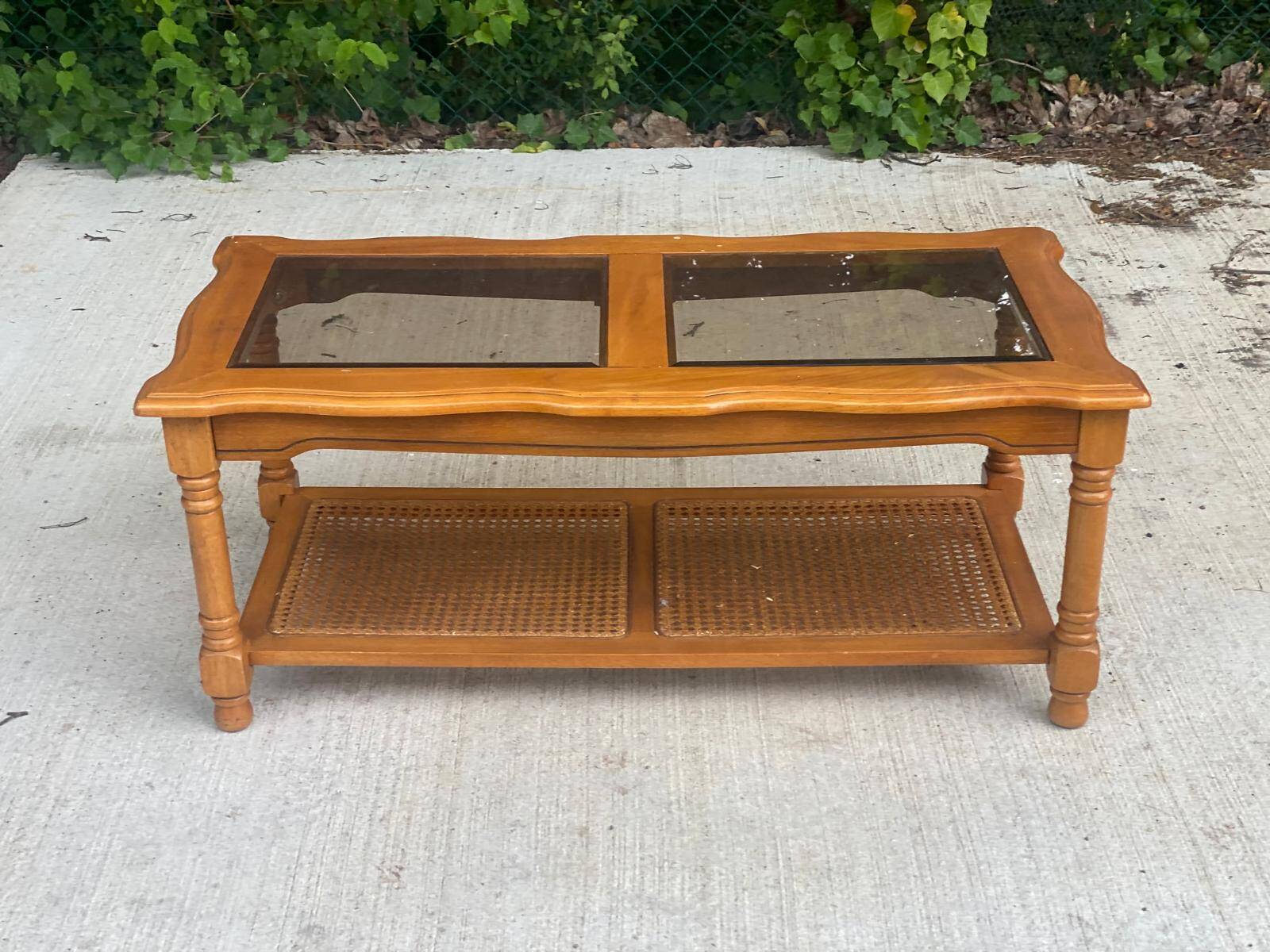 Vintage solid wood coffee table with glass and cane 100x50cm