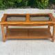 Vintage solid wood coffee table with glass and cane 100x50cm