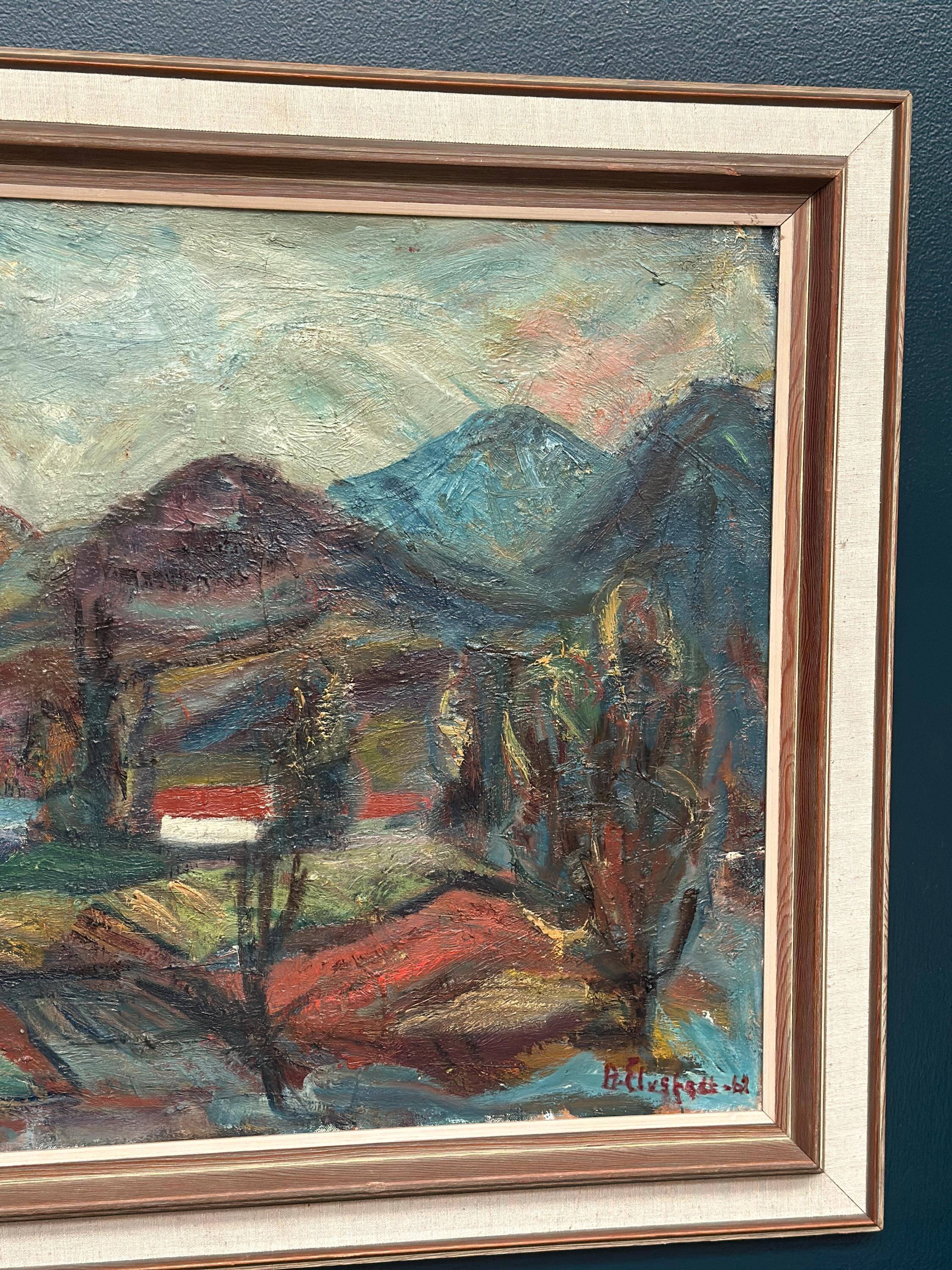 Original Mid Century Swedish Oil On Canvas – “Hut Between Hills” By B. Elvsfedt – 1962 – Vintage & Framed – 83 × 70 Cm (32.7" × 27.6")