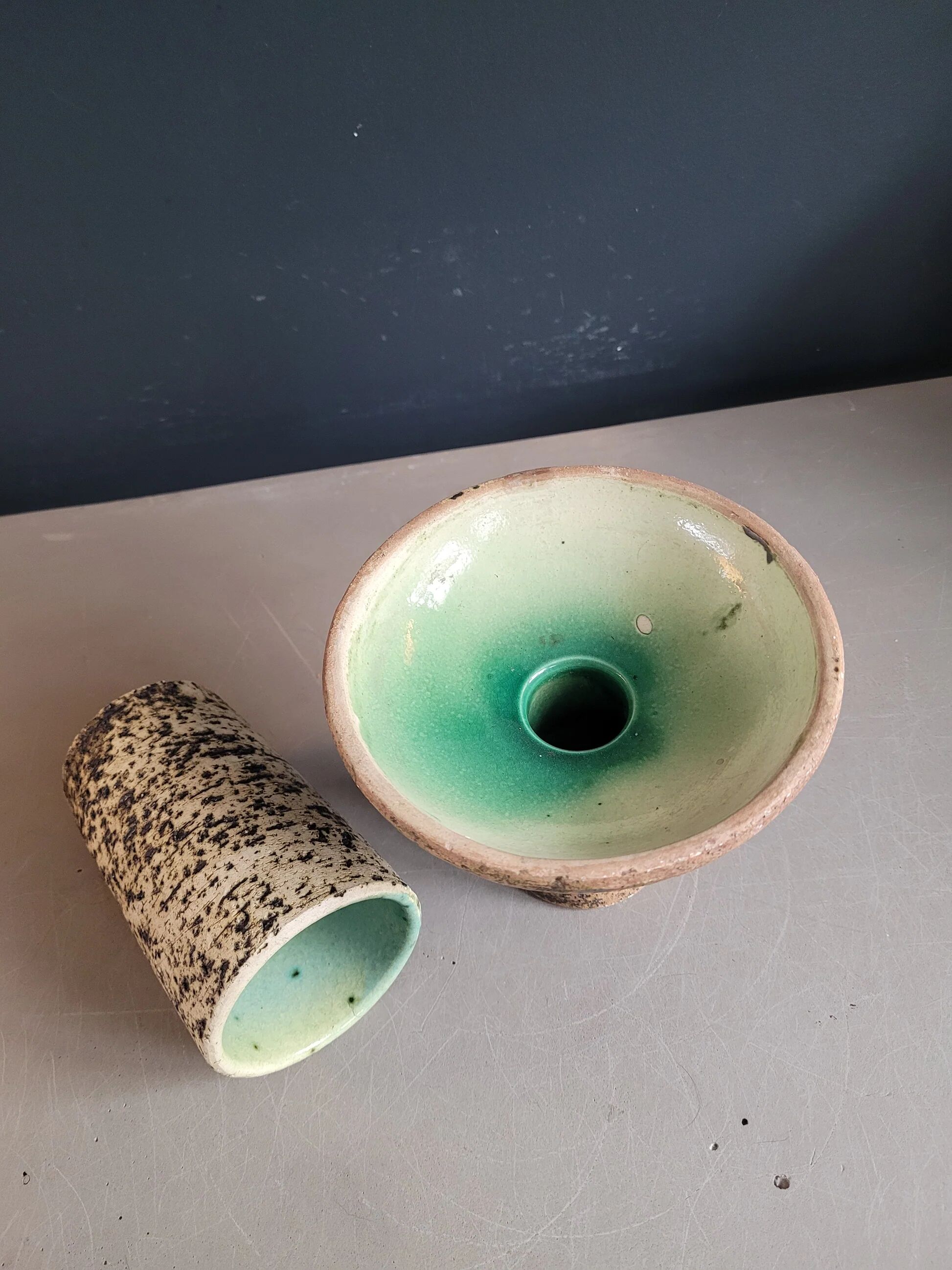 Brutalist ceramic vase and candlestick set