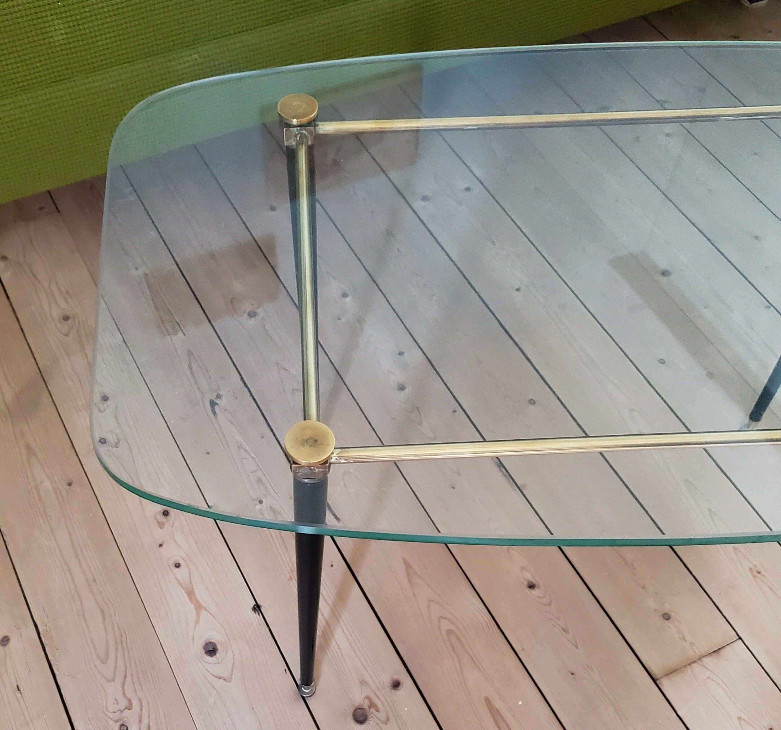 60's glass, metal and brass coffee table