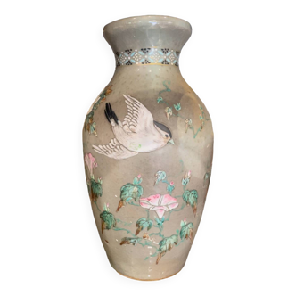 Antique Japanese ceramic vase with floral and bird decor, 19th century