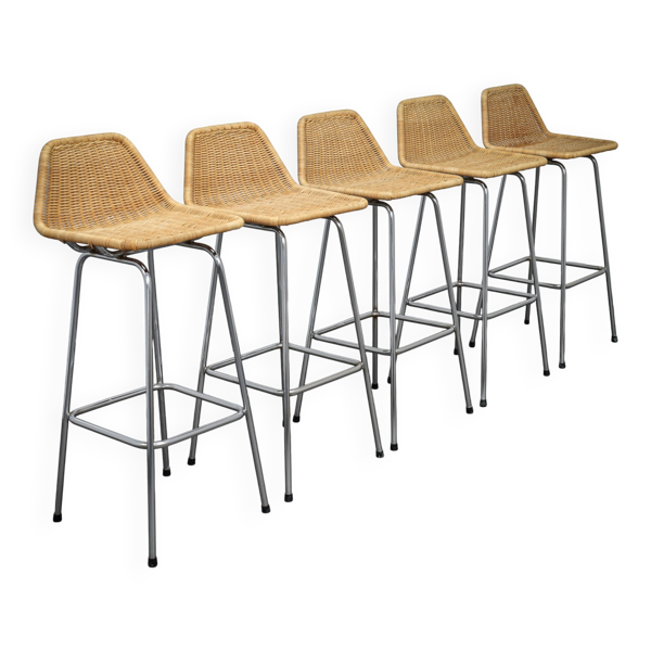 Ensemble de 5 tabourets de bar en rotin par Rohé Noordwolde, Pays-Bas, années 1960.