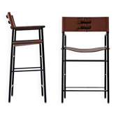 Paire de tabourets de bar avec dossier, cuir marron et métal noir