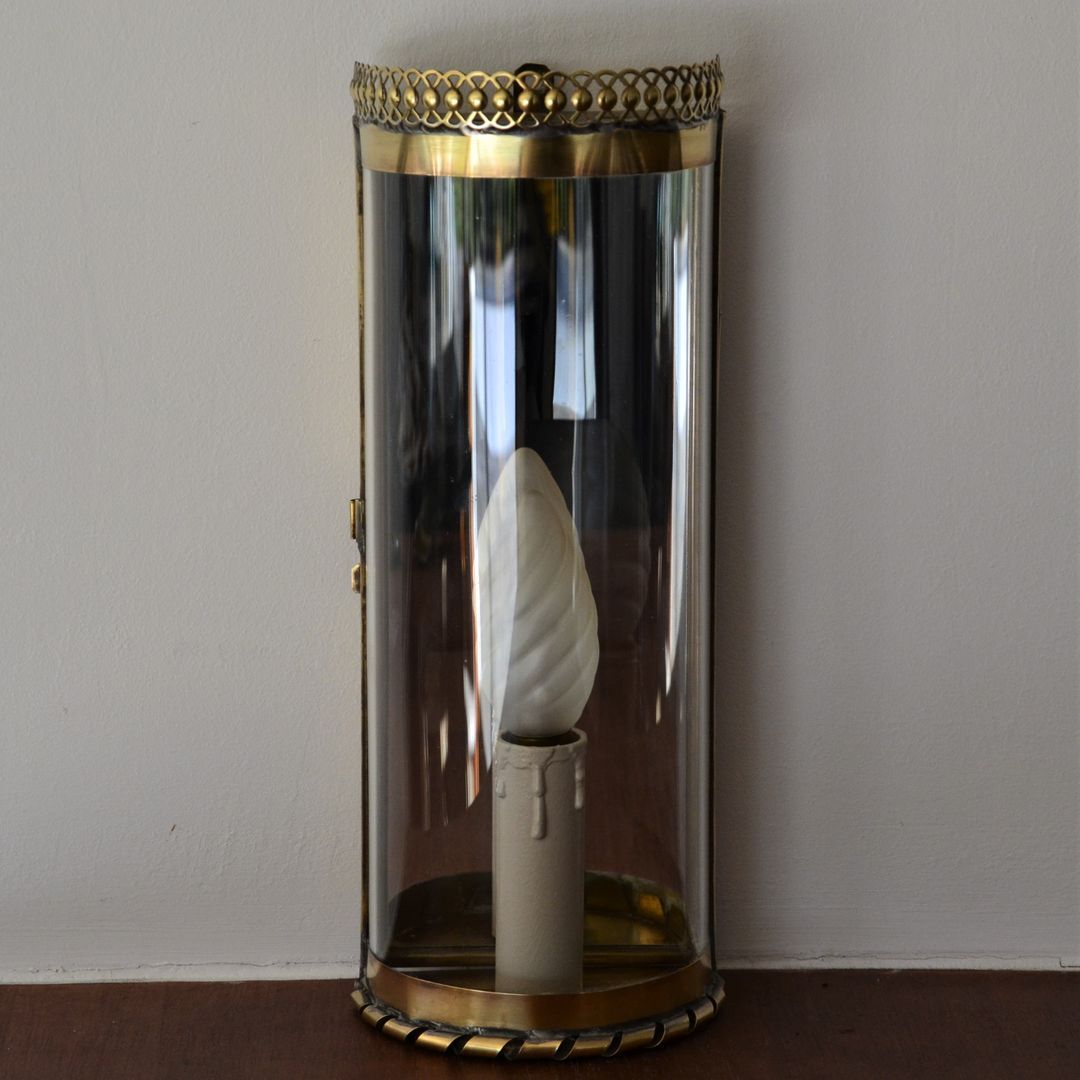 vintage mirror wall lamp, domed glass and golden brass