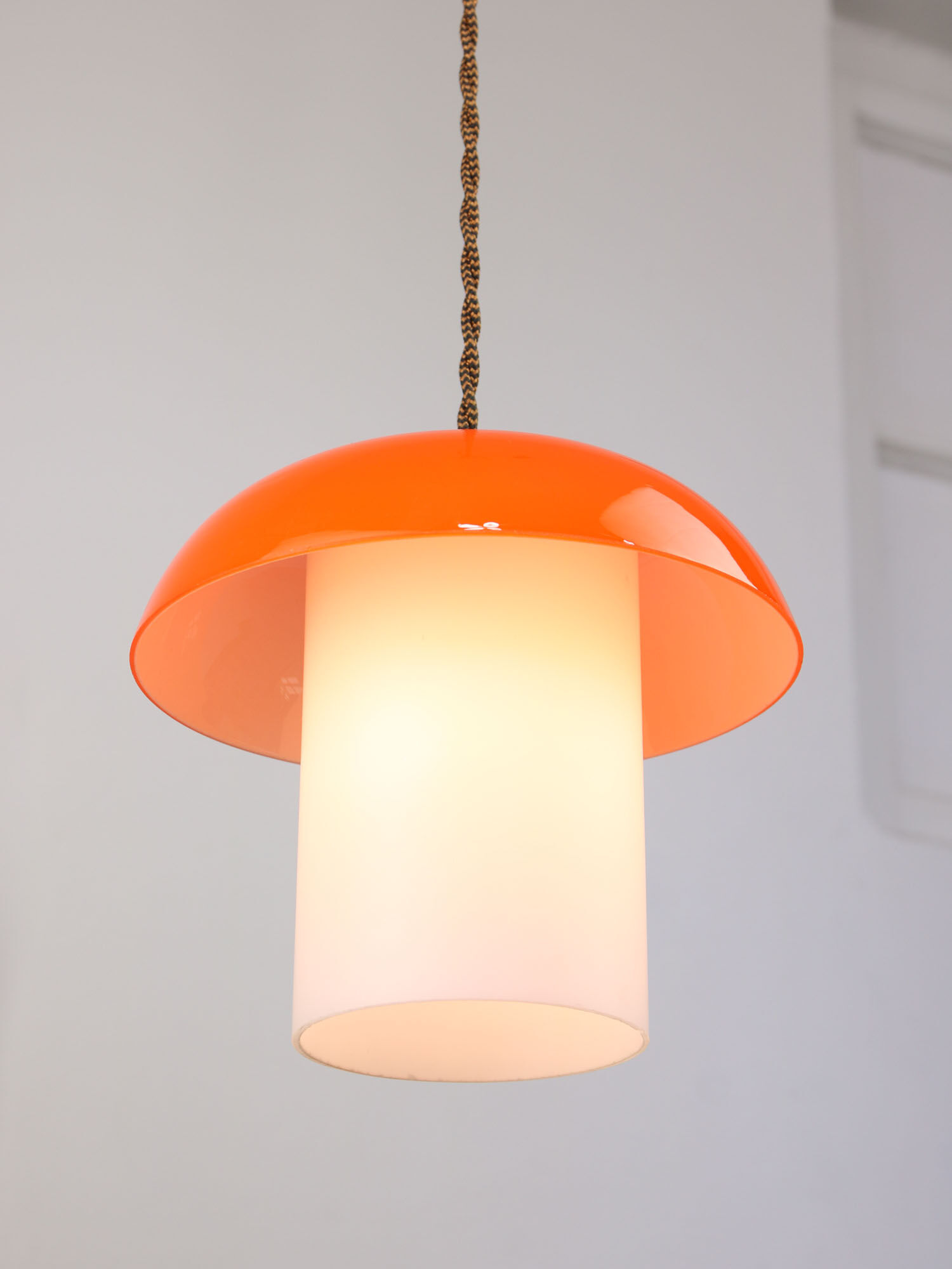 Mid-century orange glass & brass mushroom pendant lamp