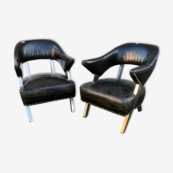 Pair of aviator chairs design XXeme leather and aluminum