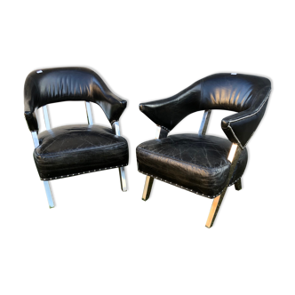 Paire de fauteuils aviateurs design XXeme cuir et aluminium