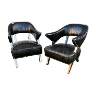 Pair of aviator chairs design XXeme leather and aluminum