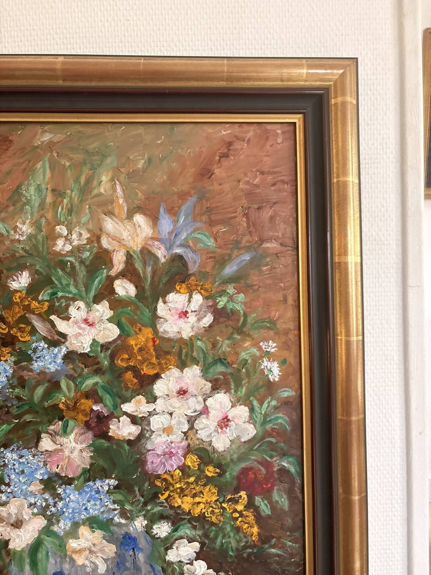 Oil Panel Bouquet Flowers Vase Blue Signed Framed Still Life