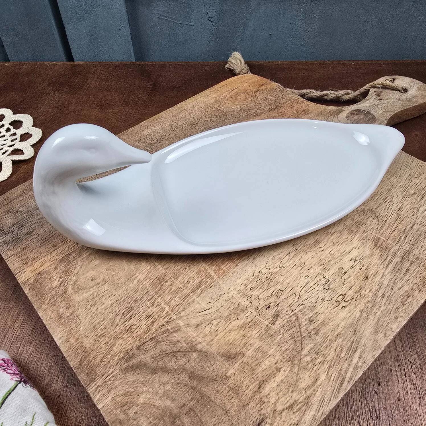 Plat à foie gras en céramique blanche forme canard
